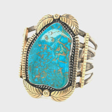 Load and play video in Gallery viewer, Southwestern Sterling Silver, 14k Gold And Turquoise Cuff Bracelet