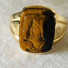 Load image into Gallery viewer, Vintage 10k Yellow Gold Tigers Eye Carved Roman Soldier Signet Ring 8.5 Deco
