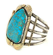 Load image into Gallery viewer, Southwestern Sterling Silver, 14k Gold And Turquoise Cuff Bracelet