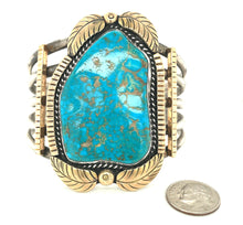 Load image into Gallery viewer, Southwestern Sterling Silver, 14k Gold And Turquoise Cuff Bracelet