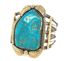 Load image into Gallery viewer, Southwestern Sterling Silver, 14k Gold And Turquoise Cuff Bracelet