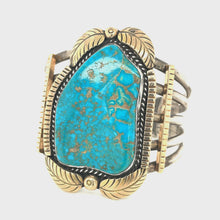 Load and play video in Gallery viewer, Southwestern Sterling Silver, 14k Gold And Turquoise Cuff Bracelet
