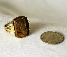 Load image into Gallery viewer, Vintage 10k Yellow Gold Tigers Eye Carved Roman Soldier Signet Ring 8.5 Deco
