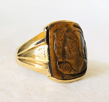 Load image into Gallery viewer, Vintage 10k Yellow Gold Tigers Eye Carved Roman Soldier Signet Ring 8.5 Deco
