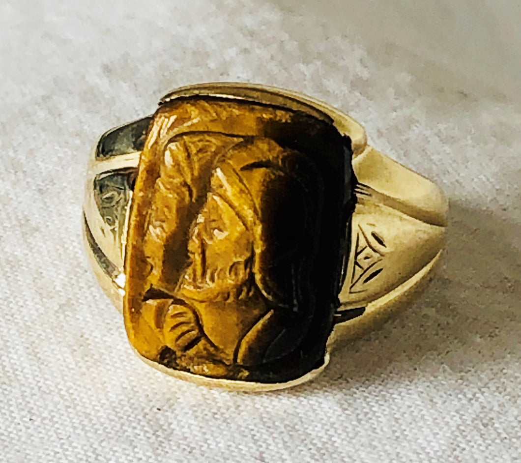 Vintage 10k Yellow Gold Tigers Eye Carved Roman Soldier Signet Ring 8.5 Deco