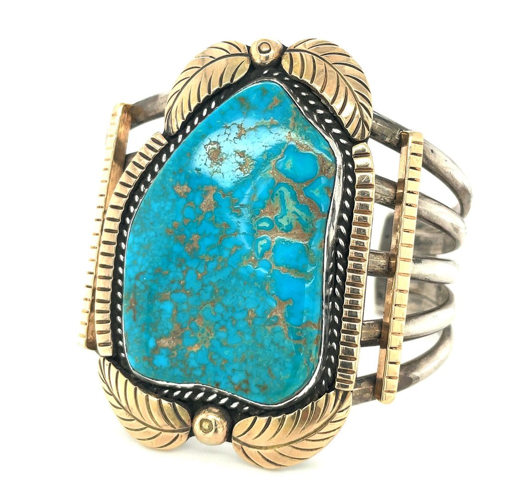 Southwestern Sterling Silver, 14k Gold And Turquoise Cuff Bracelet